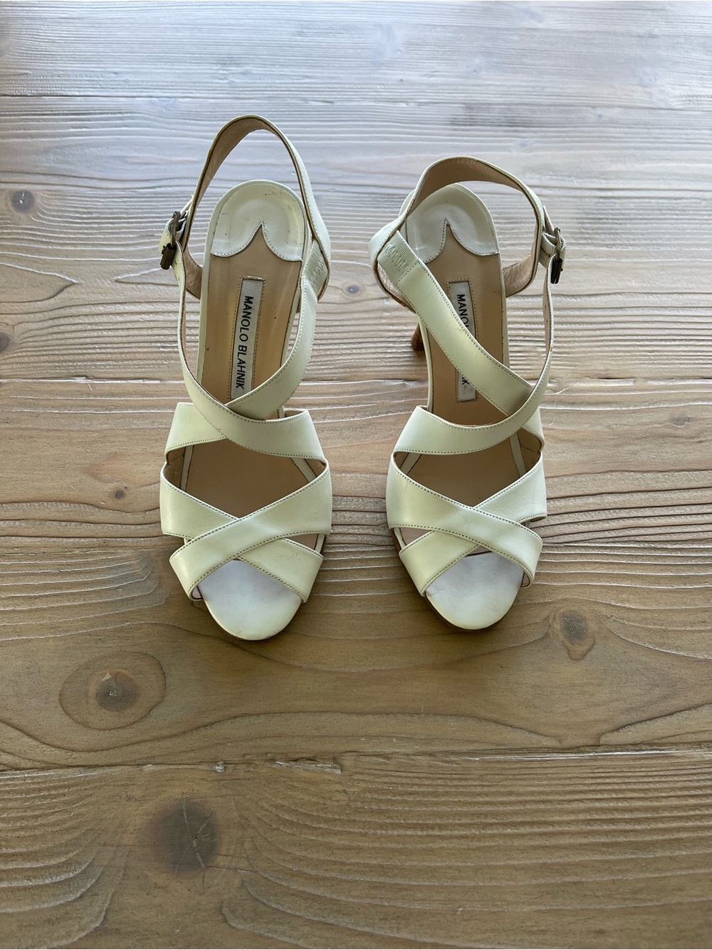Manolo Blahnik White Leather Crisscross Slingback Heels